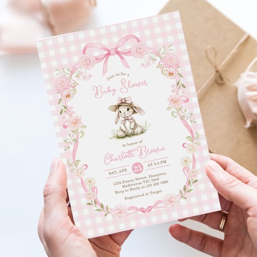 Bunny Pink Bow Gingham Baby Shower Kaart