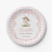 Bunny Pink Bow Gingham Baby Shower Papieren Bordje (Voorkant)