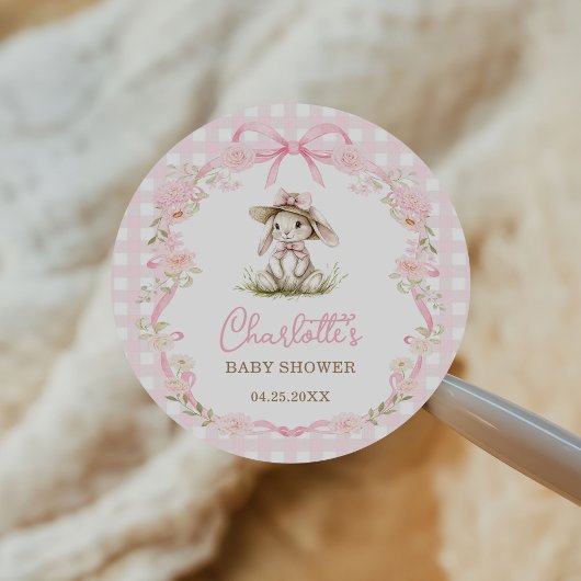 Bunny Pink Bow Gingham Baby Shower Ronde Sticker