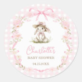 Bunny Pink Bow Gingham Baby Shower Ronde Sticker (Voorkant)