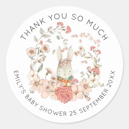  Bunny Pink Floral Dank u Baby shower Ronde Sticker (Voorkant)