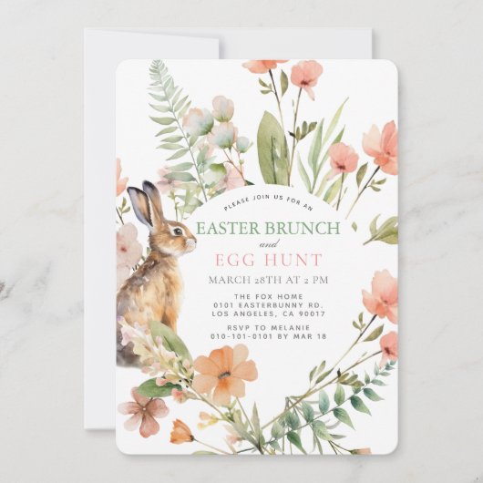 Bunny Pink Floral Easter Brunch & Egg Hunt Kaart (Voorkant)