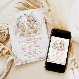  Bunny Pink Floral Eucalyptus Baby shower Kaart