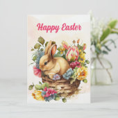  Bunny Pink Flowers Mand Happy Easter Feestdagenkaart (Staand voorkant)