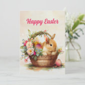 Bunny Pink Flowers Mand Happy Easter Feestdagenkaart (Staand voorkant)