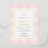Bunny Pink Gingham Baptism Gold Foil Uitnodiging (Voorkant)