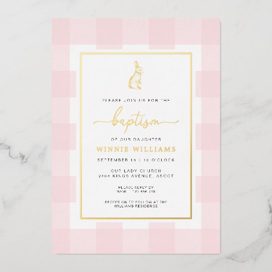 Bunny Pink Gingham Baptism Gold Foil Uitnodiging (Voorkant)