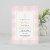 Bunny Pink Gingham Baptism Gold Foil Uitnodiging (Staand Voorkant)