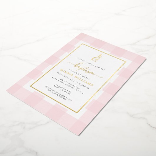 Bunny Pink Gingham Baptism Gold Foil Uitnodiging (Gedraaid)