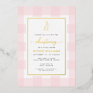 Bunny Pink Gingham Christening Folie Uitnodiging