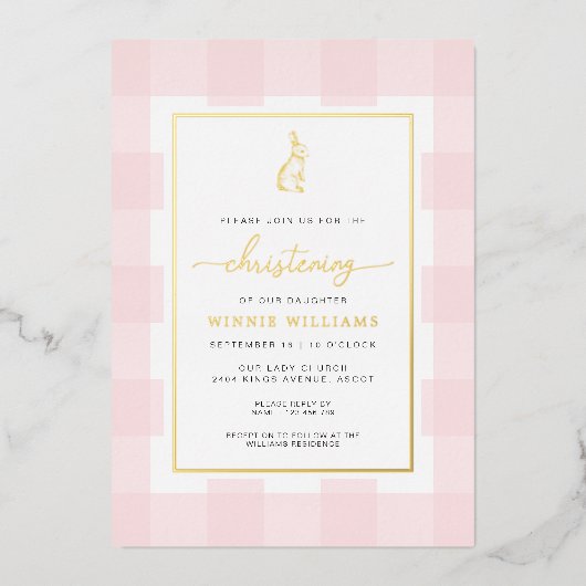 Bunny Pink Gingham Christening Folie Uitnodiging (Voorkant)