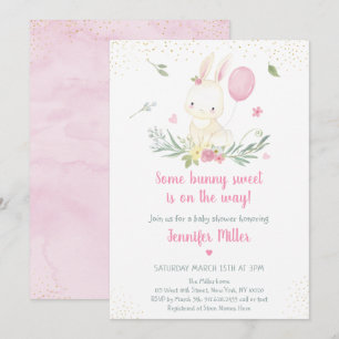 Bunny Pink Gold Floral Girl Baby shower Kaart