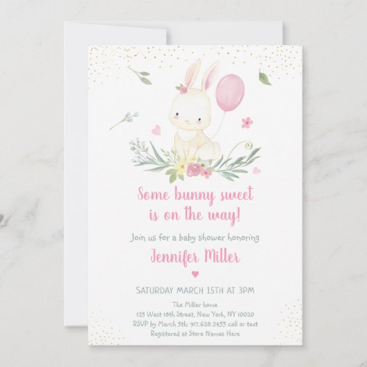 Bunny Pink Gold Floral Girl Baby shower Uitnodigin Kaart (Voorkant)