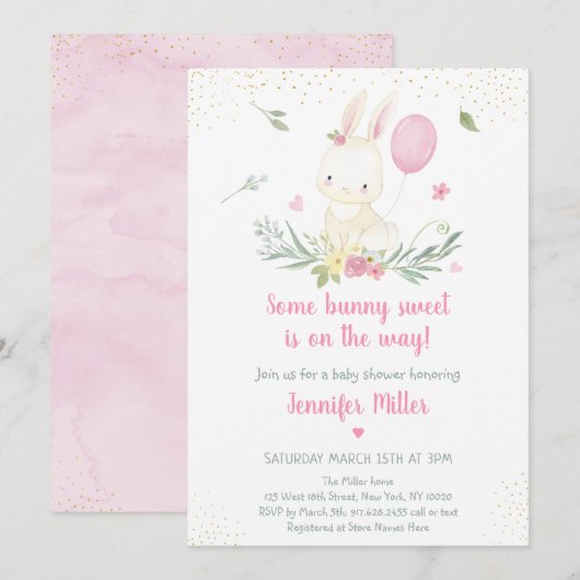 Bunny Pink Gold Floral Girl Baby shower Uitnodigin Kaart (Voorkant / Achterkant)