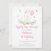 Bunny Pink Gold Floral Girl Birthday Uitnodiging (Voorkant)