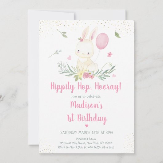Bunny Pink Gold Floral Girl Birthday Uitnodiging (Voorkant)