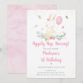 Bunny Pink Gold Floral Girl Birthday Uitnodiging (Voorkant / Achterkant)