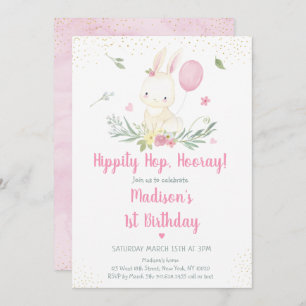 Bunny Pink Gold Floral Girl Birthday Uitnodiging