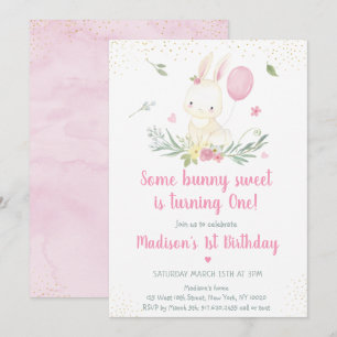 Bunny Pink Gold Floral Girl Birthday Uitnodiging