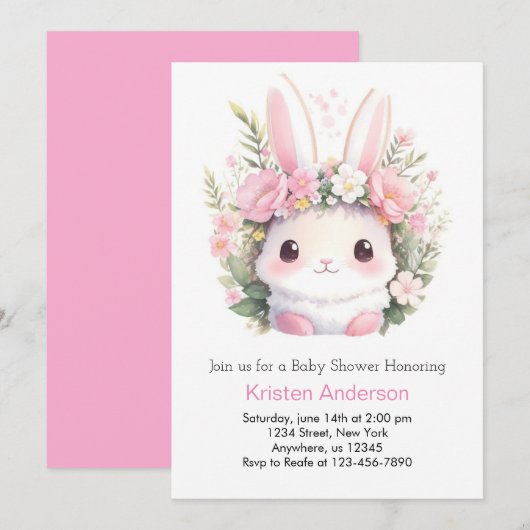Bunny Pink Meadow Blissful Meisje Baby shower Kaart (Voorkant / Achterkant)