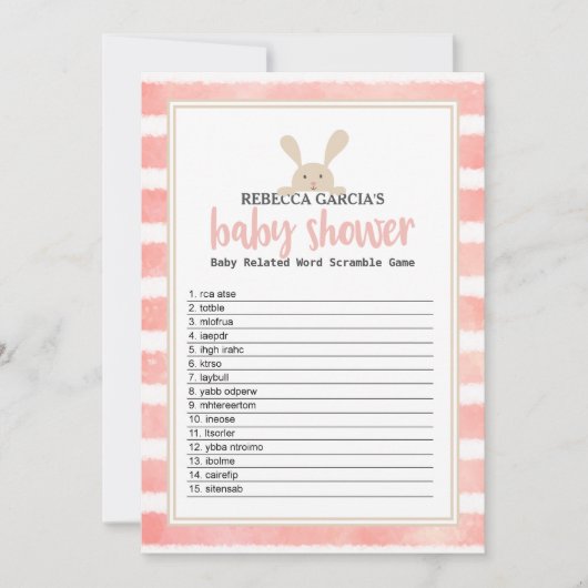 Bunny Pink Stripe Baby shower Word Scramble Game Kaart (Voorkant)