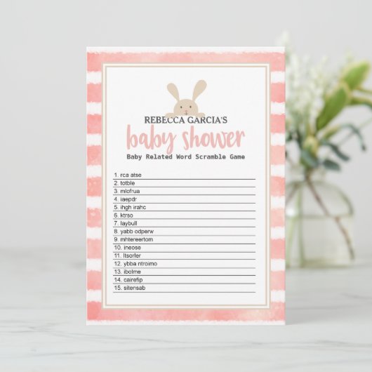 Bunny Pink Stripe Baby shower Word Scramble Game Kaart (Staand voorkant)