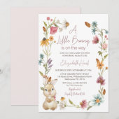 Bunny Pink Wildflowers Krans Baby shower Kaart (Voorkant / Achterkant)