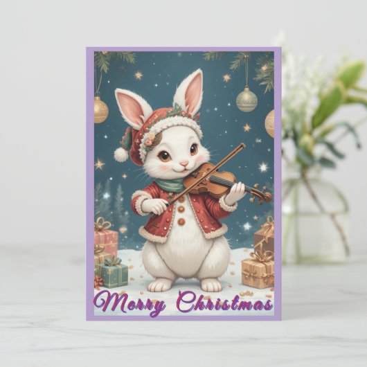 Bunny Playing Violine Christmas Flat Holiday Card Feestdagenkaart (Staand voorkant)