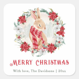 Bunny Poinsettia Waterverf Eenvoudig Kerstfeest Vierkante Sticker