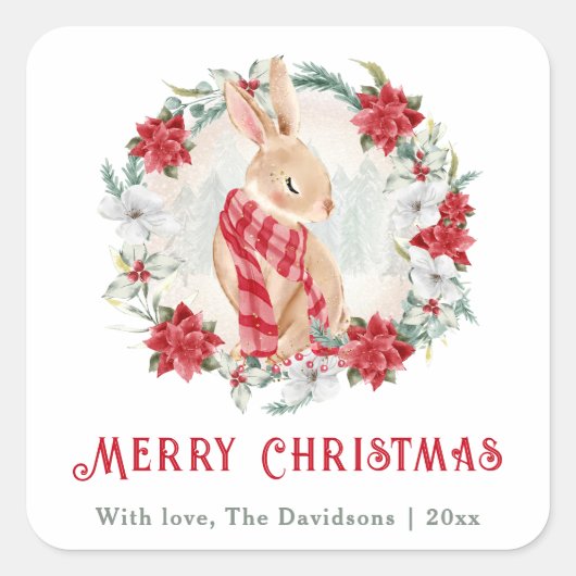 Bunny Poinsettia Waterverf Eenvoudig Kerstfeest Vierkante Sticker (Voorkant)