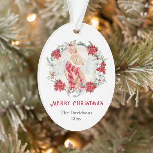 Bunny Poinsettia Waterverf familienaam Christmas Ornament (Boom)