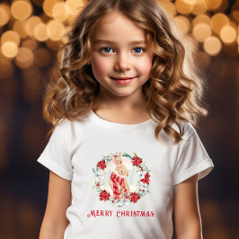 Bunny Poinsettia Waterverf Meisje Kerstmis T-shirt