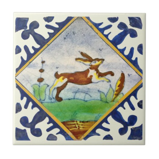 Bunny Rabbit 1650s Delft Polychrome Repro Tegeltje (Voorkant)