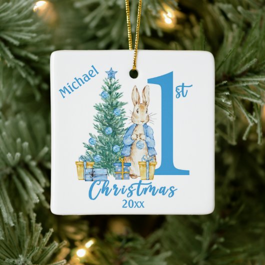 Bunny Rabbit 1e eerste blauwe gepersonaliseerde va Keramisch Ornament (Boom)