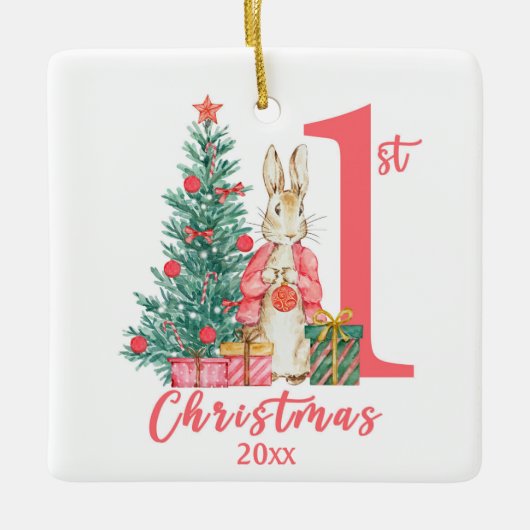 Bunny Rabbit 1e eerste kerstroze vakantie Keramisch Ornament (Voorkant)