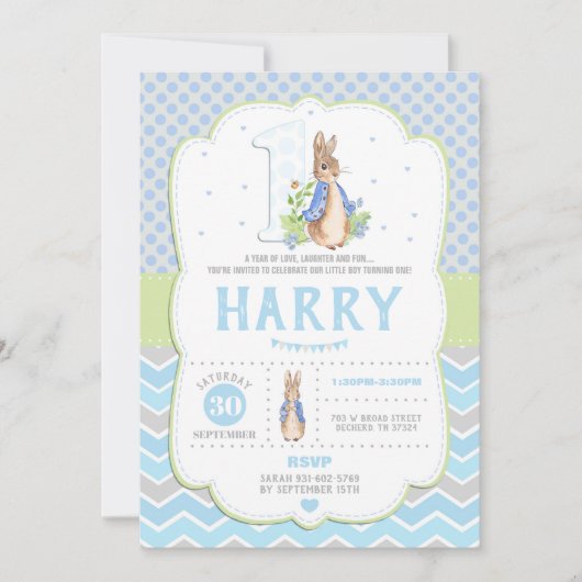 Bunny Rabbit 1e verjaardag Uitnodigingen Jongens (Voorkant)