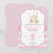 Bunny Rabbit 1st Birthday Invitation Pink Girl Kaart (Voorkant / Achterkant)