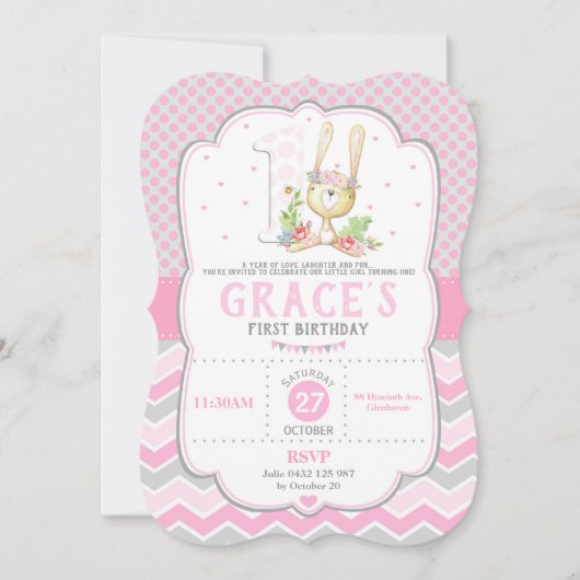 Bunny Rabbit 1st Birthday Invitation Pink Girl Kaart (Voorkant)