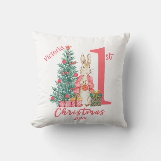 Bunny Rabbit 1st Personaliseer Eerste Kerstdag Kussen (Voorkant)