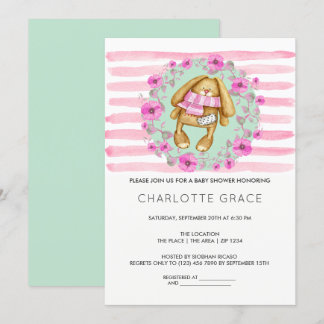 Bunny Rabbit and Pink Flowers Baby shower Kaart