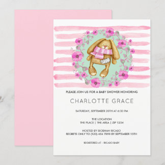 Bunny Rabbit and Pink Flowers Baby shower Kaart