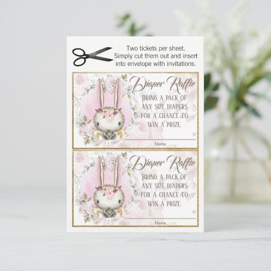 Bunny Rabbit Baby Meisje Luier Raffle Tickets Kaart (Staand voorkant)
