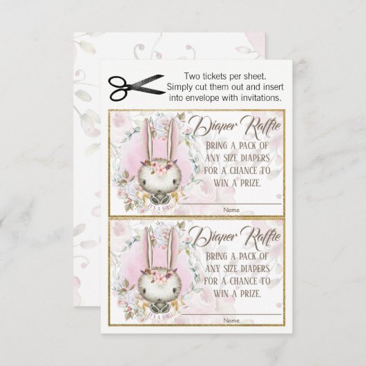 Bunny Rabbit Baby Meisje Luier Raffle Tickets Kaart (Voorkant / Achterkant)