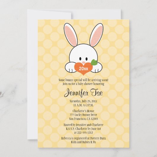 Bunny Rabbit Baby Shower Invitation Yellow Kaart (Voorkant)