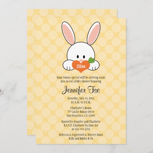 Bunny Rabbit Baby Shower Invitation Yellow Kaart (Voorkant / Achterkant)