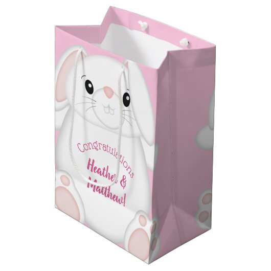 Bunny Rabbit Baby shower Roze Medium Cadeauzakje (Voorkant Gekanteld)
