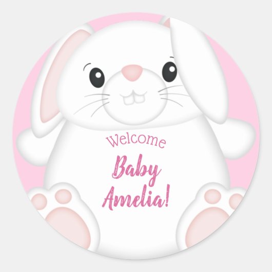Bunny Rabbit Baby shower Roze Ronde Sticker (Voorkant)