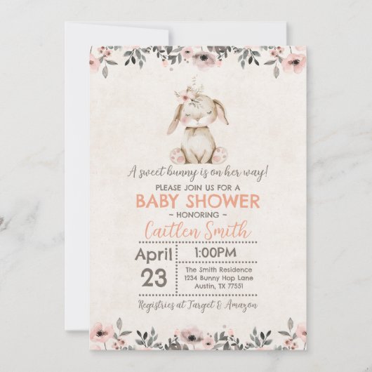 Bunny Rabbit Baby shower Sweet Girl Invitation Kaart (Voorkant)