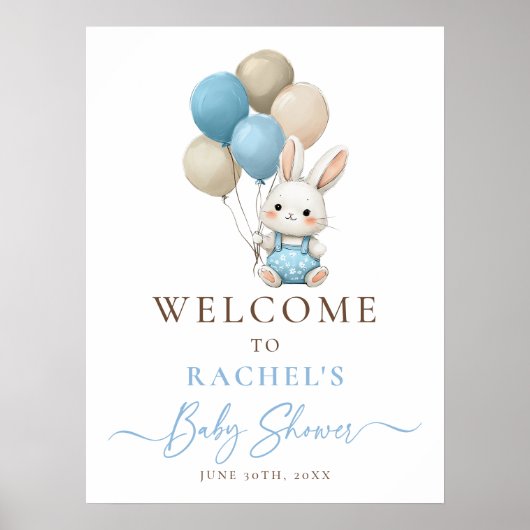 Bunny Rabbit Balloon Blue Baby Boy Shower Welkom Poster (Voorkant)