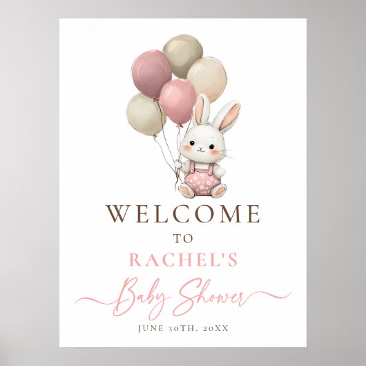 Bunny Rabbit Balloon Pink Baby Meisje Douche Welko Poster (Voorkant)
